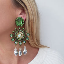 Load image into Gallery viewer, Lawrence VRBA Signed Large Statement Crystal Earrings -  Green &amp; Silver Drop Earrings (Clip-On)