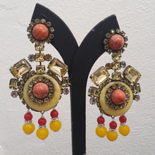 Load image into Gallery viewer, Lawrence VRBA Signed Large Statement Crystal Earrings -  Yellow &amp; Coral Drop Earrings (Clip-On)