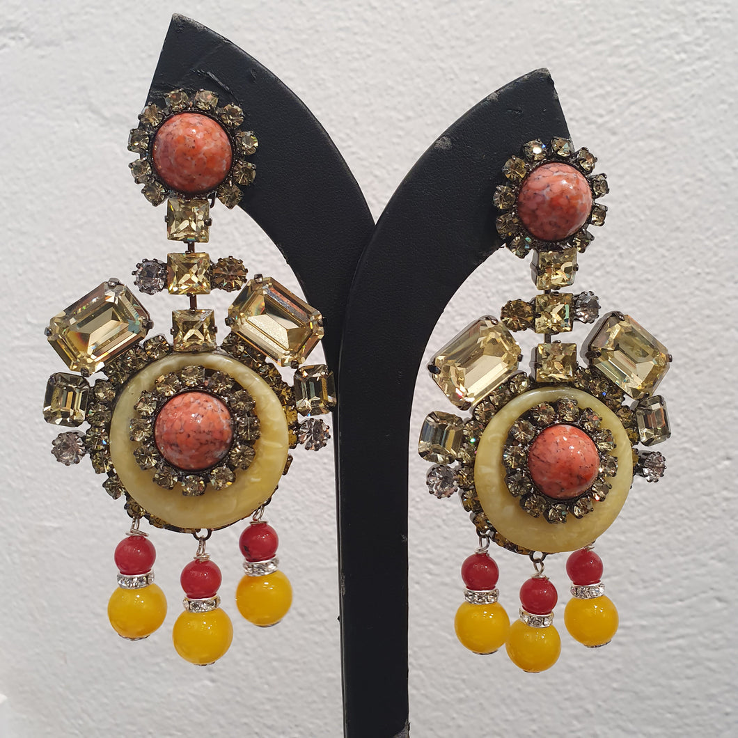 Lawrence VRBA Signed Large Statement Crystal Earrings -  Yellow & Coral Drop Earrings (Clip-On)