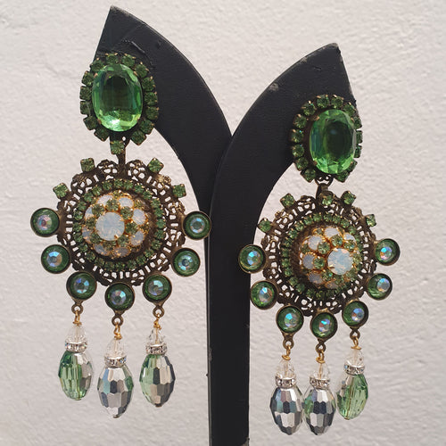 Lawrence VRBA Signed Large Statement Crystal Earrings -  Green & Silver Drop Earrings (Clip-On)