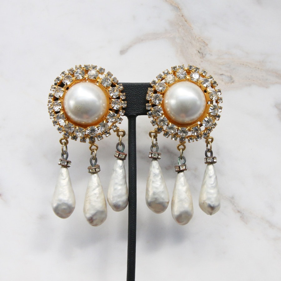 Signed 'The Show Must Go On' Drop Crystal & Faux Pearl Earring -(Clip-On Earrings)