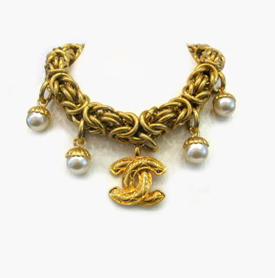 Signed Vintage Chanel Neckpiece with Double C Pendant & Pearls c. 1980