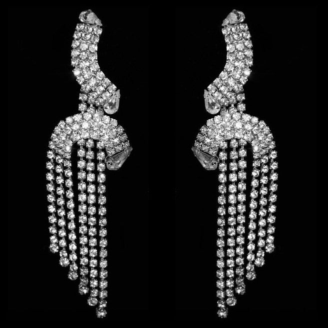 Vintage Clear Crystal Deco Long Waterfall Tassel Earrings c. 1970 (Clip-on)