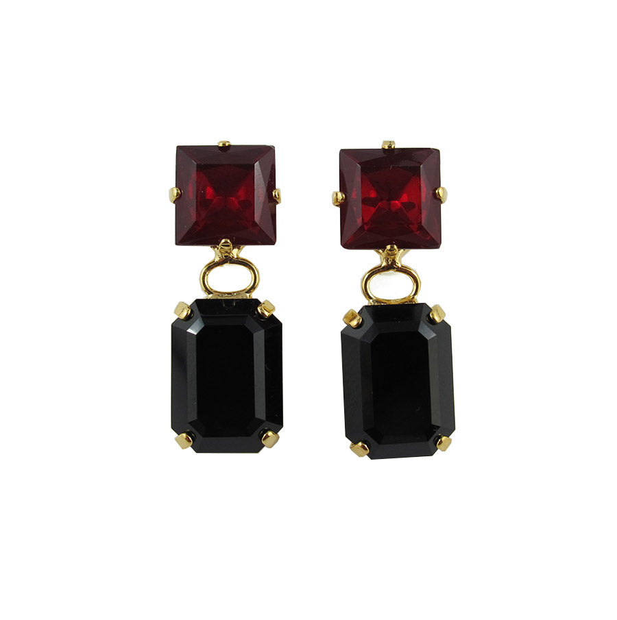 Harlequin Market Double Crystal Earrings - Black & Ruby