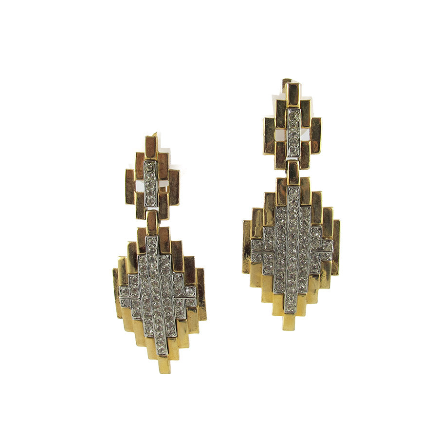 Vintage 1950's USA Geometric Shape Gold Plated - Rhinestone Earrings