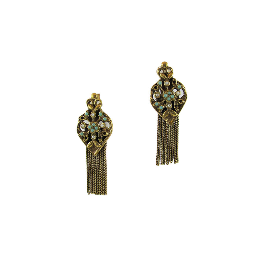 Vintage Tassel Earrings with Turquoise Seed Pearl Details