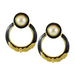 French Vintage Signed 'Givenchy' Goldtone - Black Enamel Earrings