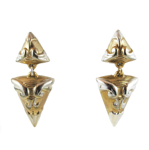 Vintage Circa 1950's Silver + Goldtone Inverted Triangle Earrings