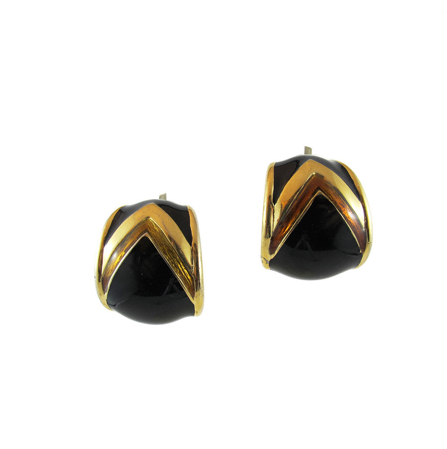 Vintage 1950's USA Signed 'Ciner' Curved Clip Earrings - Black - Gold