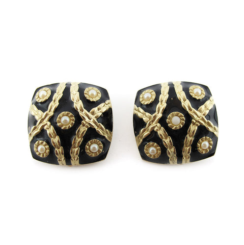 French Vintage Signed 'Guy Waroche' Goldtone - Black Enamel Earrings