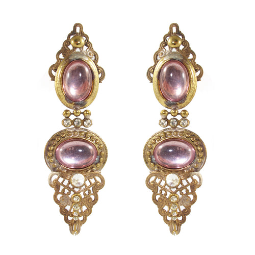 Vintage Rose Glass Cabochon and Crystal Earrings c. 1970