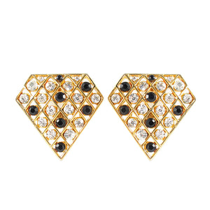 Vintage Gold Tone Earrings with Clear and Black Crystals c. 1970- ( Clip on Earrings)
