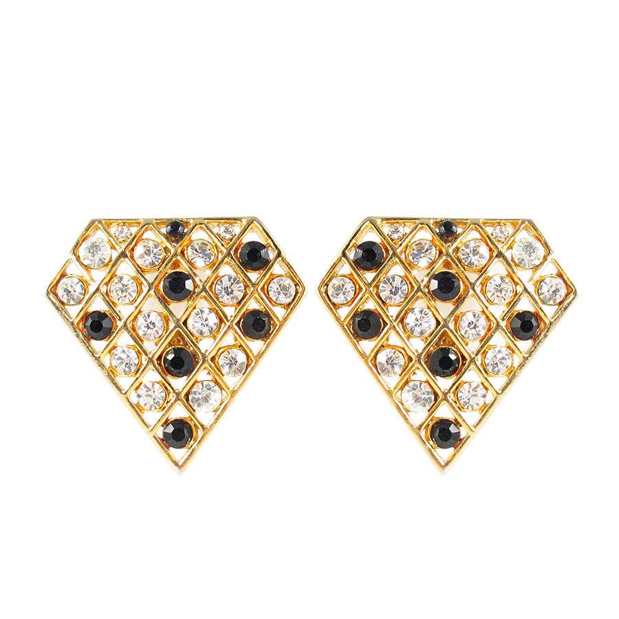 Vintage Gold Tone Earrings with Clear and Black Crystals c. 1970- ( Clip on Earrings)