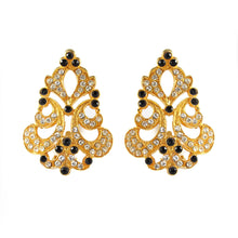 Load image into Gallery viewer, Vintage Gold Tone Earrings with Clear and Black Crystals c. 1970- (Clip-on Earrings)