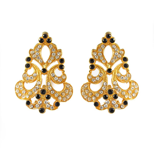 Vintage Gold Tone Earrings with Clear and Black Crystals c. 1970- (Clip-on Earrings)
