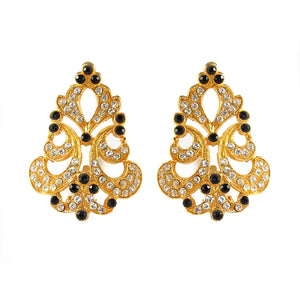 Vintage Gold Tone Earrings with Clear and Black Crystals c. 1970- (Clip-on Earrings)