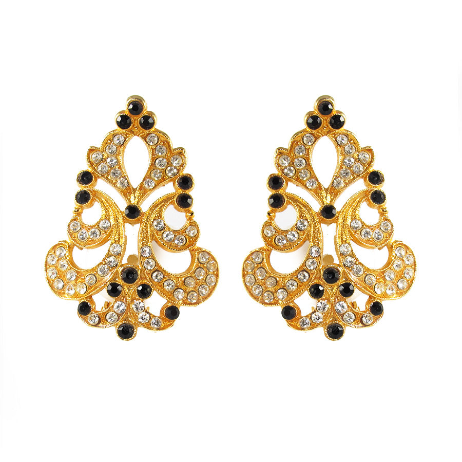 Vintage Gold Tone Earrings with Clear and Black Crystals c. 1970- (Clip-on Earrings)