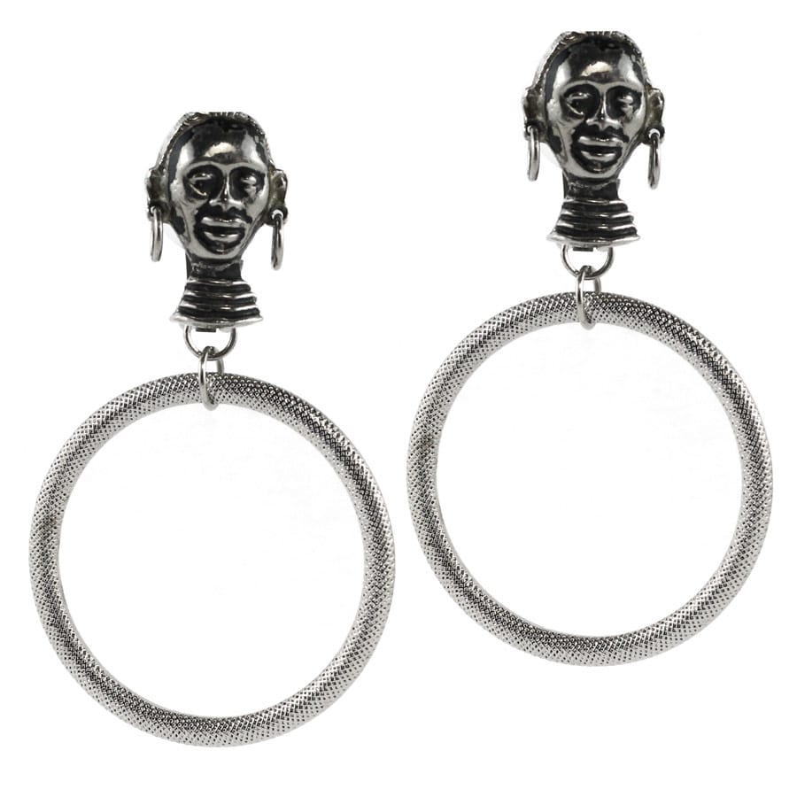 Vintage Unsigned Pewter Figural Tribal Dangling Hoop earrings (Clip-on)