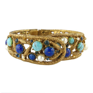 Capri Signed Vintage NY Goldtone Clamber Bracelet - faux turquoise, lapis lazuli and seed pearls c.1950 - Harlequin Market
