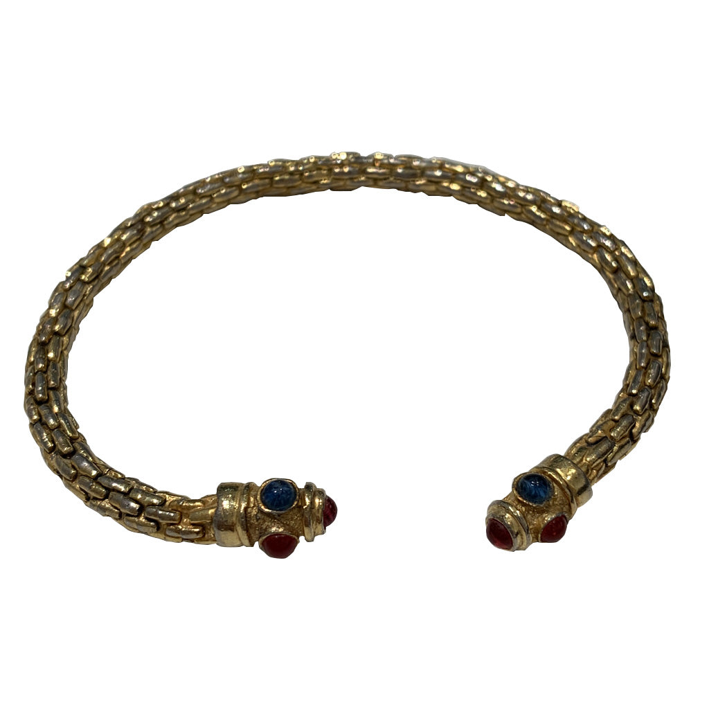 Vintage Thin Textural Three Toned Cabochon Clamper Bangle