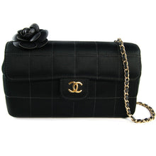 Load image into Gallery viewer, Chanel Vintage Black Satin Camellia Evening Bag with 24&quot; Gold Chain Strap c. 2000s - Harlequin Market