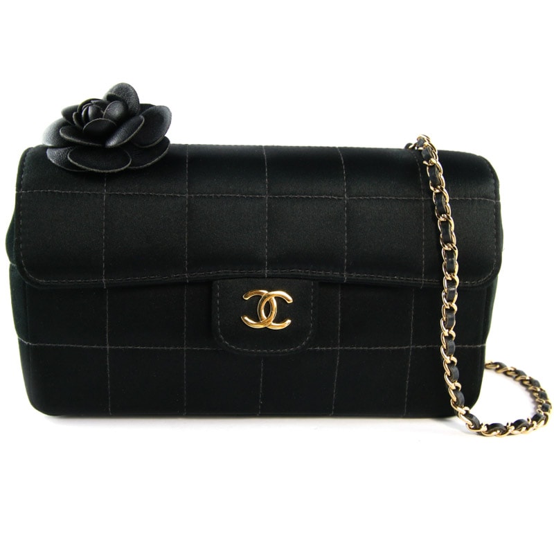 Chanel Vintage Black Satin Camellia Evening Bag with 24