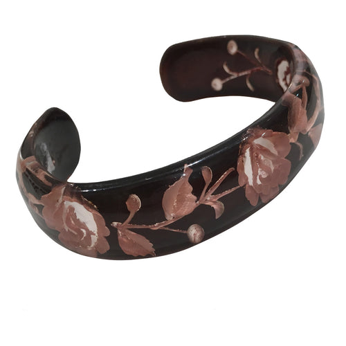Vintage Hand Carved Back Painted Lucite Burgundy Rose Cuff c.1950s
