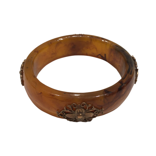 Vintage Amber Tone Resin & Brass Detail Bangle