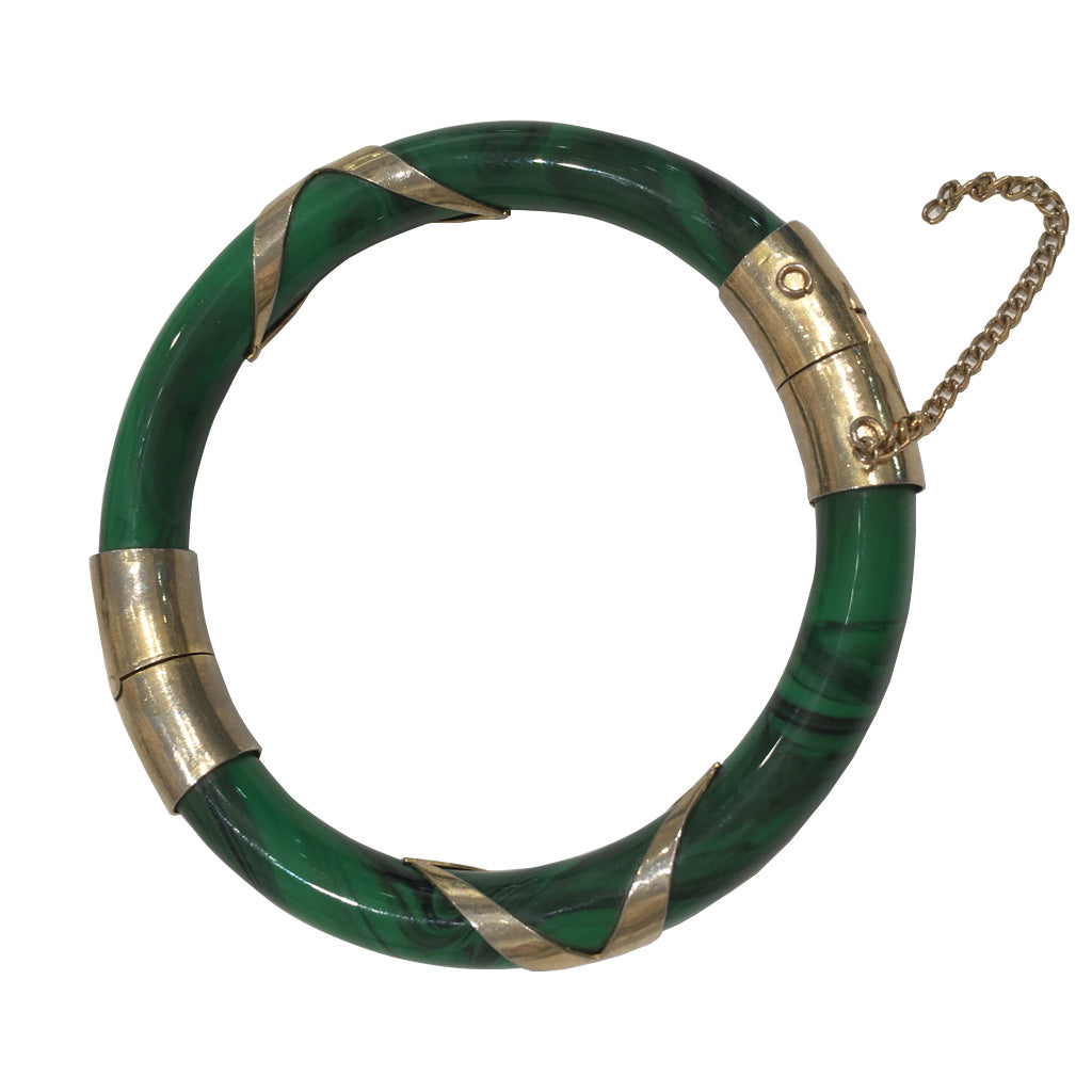 Marble Effect Green & Gold Criss Cross Thin Vintage Clamper Bangle