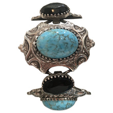 Load image into Gallery viewer, Silver Tone Large Faux Turquoise &amp; Black Bracelet c.1980s