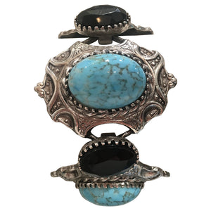 Silver Tone Large Faux Turquoise & Black Bracelet c.1980s