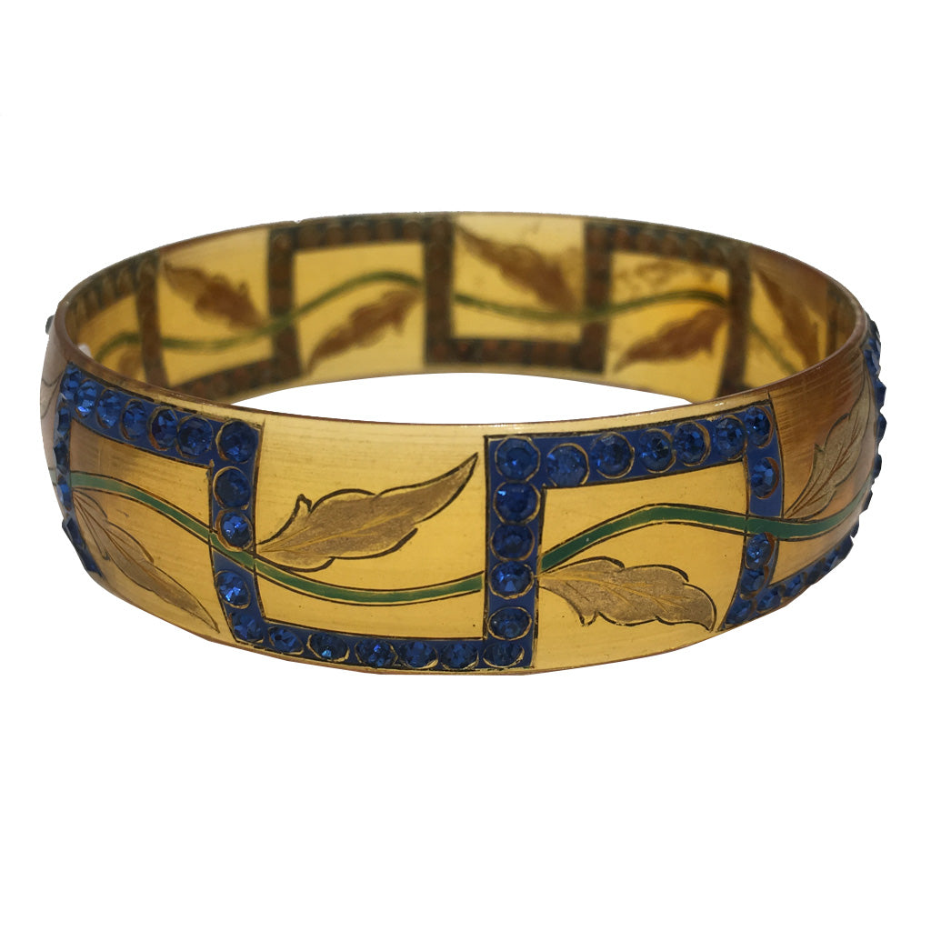 Extremely Rare Celluloid Blue Encrusted & Hand Painted Leaf Design Bangle c.1930s