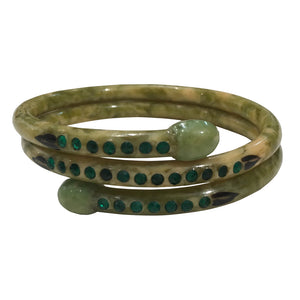 Vintage Green Crystal Encrusted Snake Bangle Marble Effect & Hand Painted c.1960s