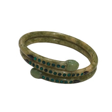 Load image into Gallery viewer, Vintage Green Crystal Encrusted Snake Bangle Marble Effect &amp; Hand Painted c.1960s