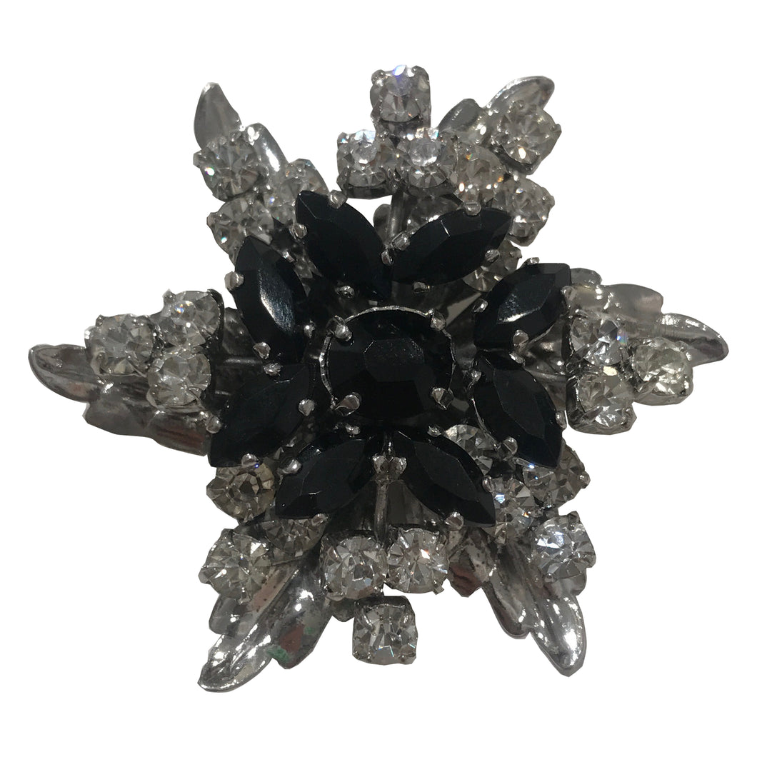 Unsigned Vintage Daisy Black & Clear Crystal Brooch