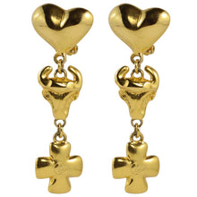 Load image into Gallery viewer, Christian Lacroix Signed Vintage Gold Tone Iconic Heart, Cross Earrings c. 1990 (Clip-On) - Harlequin Market