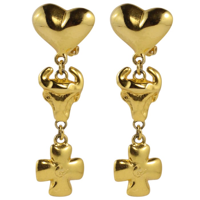 Christian Lacroix Signed Vintage Gold Tone Iconic Heart, Cross Earrings c. 1990 (Clip-On) - Harlequin Market