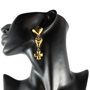 Christian Lacroix Signed Vintage Gold Tone Iconic Heart, Cross Earrings c. 1990 (Clip-On) - Harlequin Market