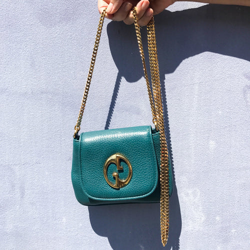 Gucci Pebbled Calfskin Small '1973' Chain Shoulder Bag Teal