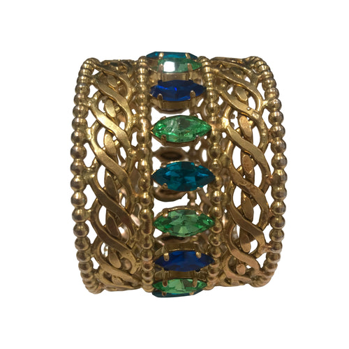 Dominique Aurientis Signed Vintage Intricate Gold Tone & Blue-Green Crystal Cuff