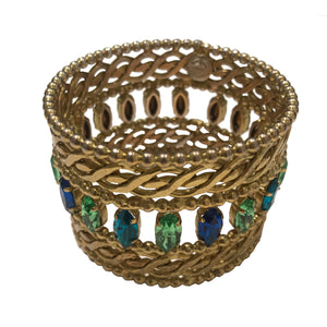 Dominique Aurientis Signed Vintage Intricate Gold Tone & Blue-Green Crystal Cuff