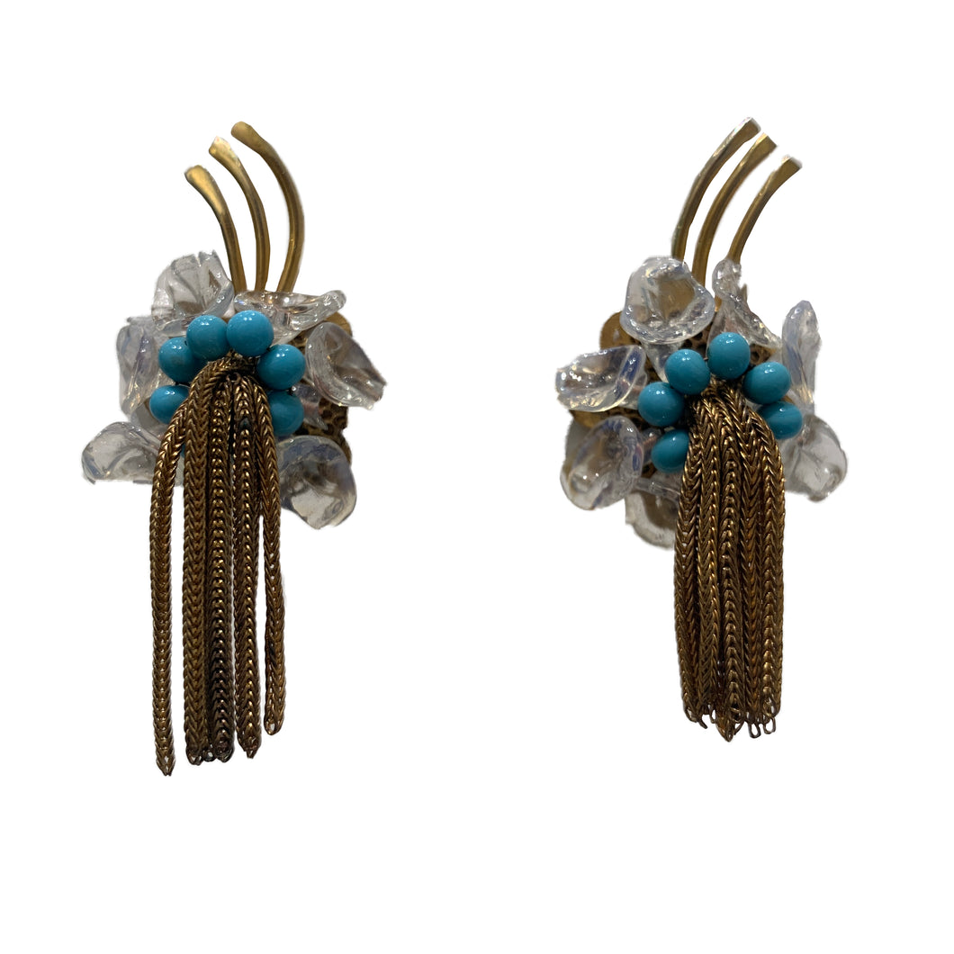 Vintage Unsigned Rousselet Tassel, Aqua Blue Cabochon & Lucite Fleck (Clip-On) Earrings