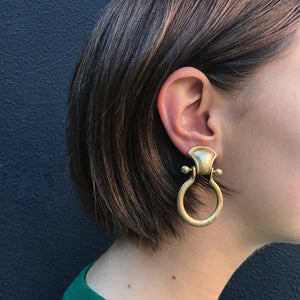 Signed Matte Gold Tone Door Knocker Vintage D.K.N.Y Clip-On Earrings c.1990s