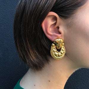 Polished Gold Tone Textured & Patterned Door Knocker Inspired Clip-On Earrings c.1980s