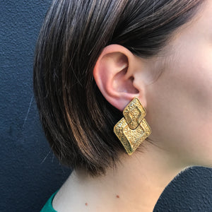 Textured Abstracted Triangle Gold Tone Vintage c.1970s Clip-On Earrings