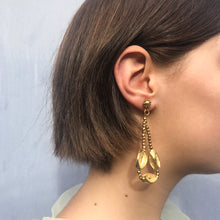 Load image into Gallery viewer, Unique Vintage Mobile and Adjustable Beaded Gold Tone Drop Hoop Earrings c.1980s (Clip-On Earrings)