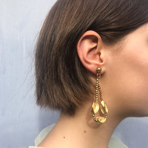 Unique Vintage Mobile and Adjustable Beaded Gold Tone Drop Hoop Earrings c.1980s (Clip-On Earrings)