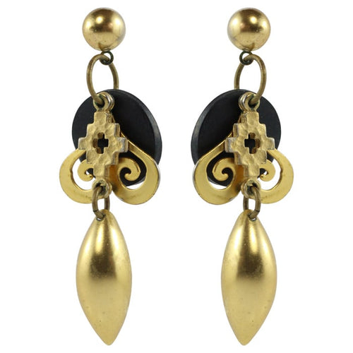 Vintage Unsigned Gold Tone - Black Dangle Heart Earrings (Pierced)