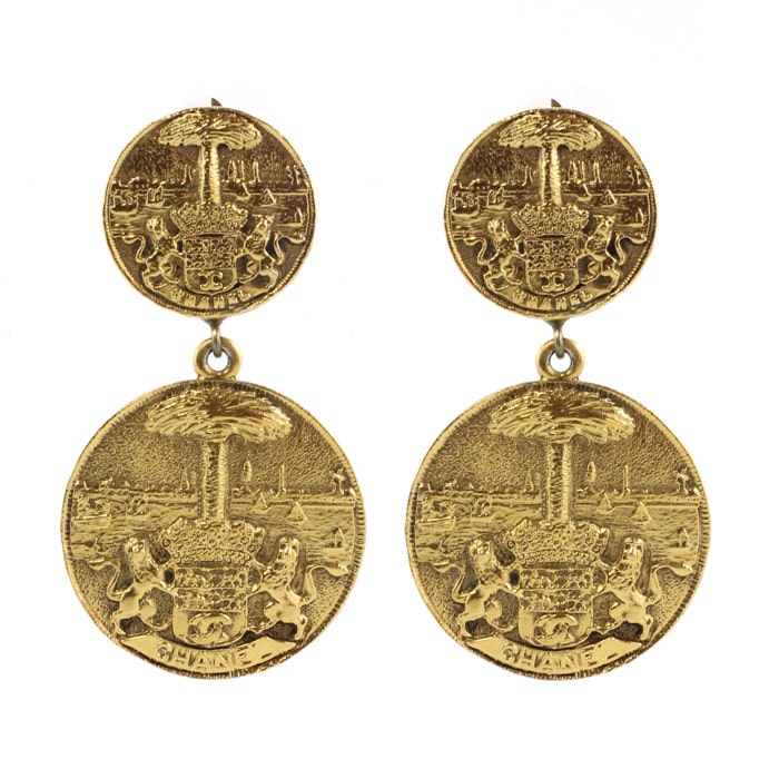 Chanel Vintage Gold Medallion Coat of Arms Crest Lion Earrings c. 1970 (Clip-On) - Harlequin Market