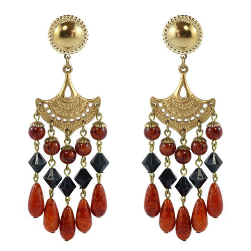 Vintage Unsigned Multi Bead - Gold Tone Dangle Earrings (Clip-on)